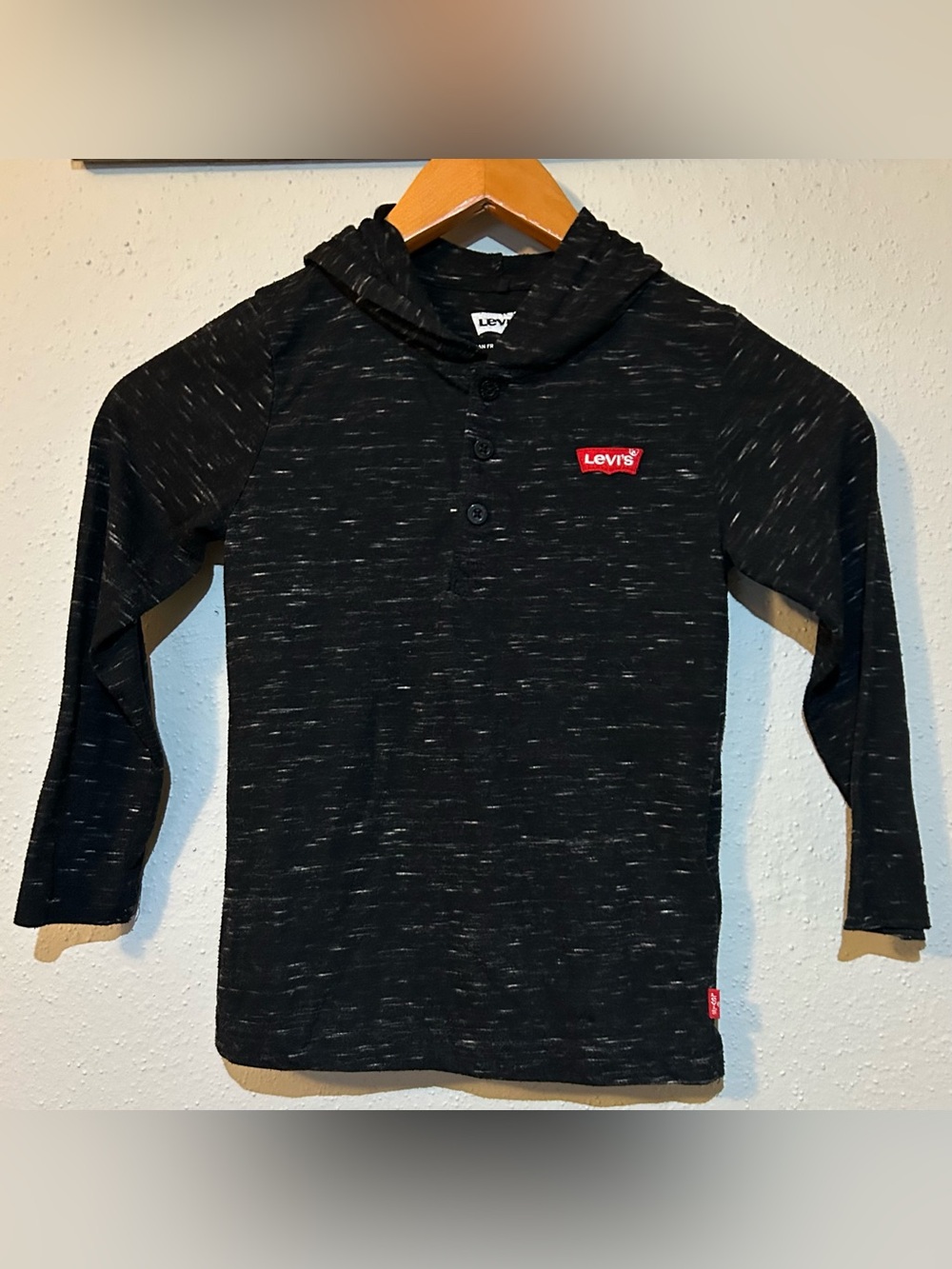 Levi's Boys Black Space-Dye Hooded Henley Long Sleeve Shirt Size XS (5/6)